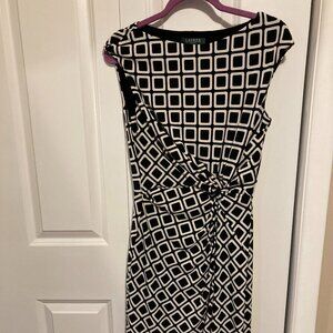 Ralph Lauren Black and White Lined Geometric Faux Wrap Sleeveless Dress, Size 10
